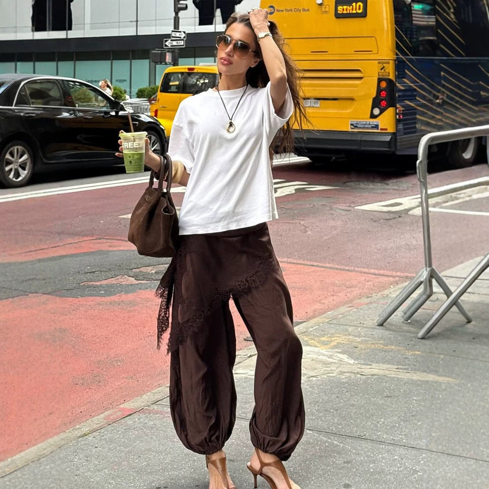 Women's Wide Harem Pants with Elastic Waistband, Gathered Ankles & Lace Applique Mune Fashion