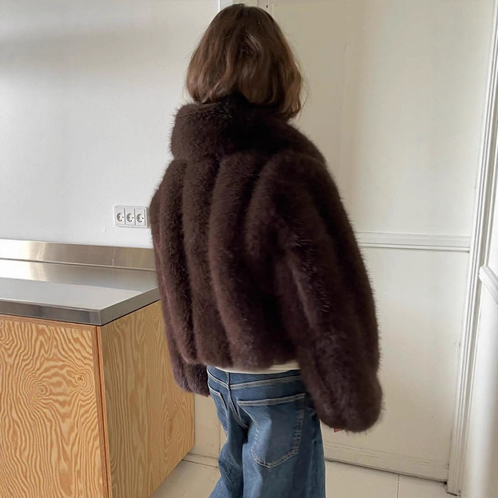 Women's Short Cropped Faux Fur Jacket with Voluminous Shawl Collar and Boxy Silhouette Mune Fashion