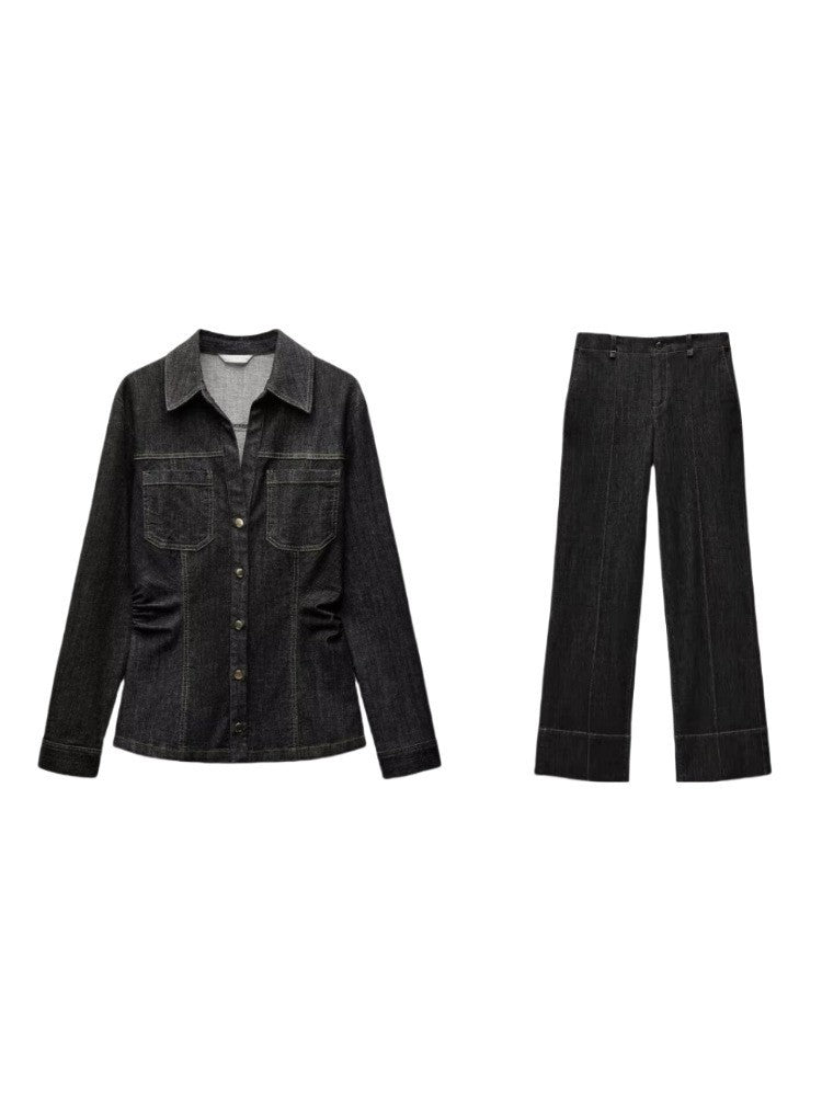 Women's high-waisted wide flare trousers in corduroy look with visible center seam and wide cuff Mune Fashion