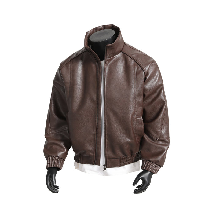 Men's urban faux leather bomber jacket with high stand-up collar and tailored ribbed waistband Mune Fashion