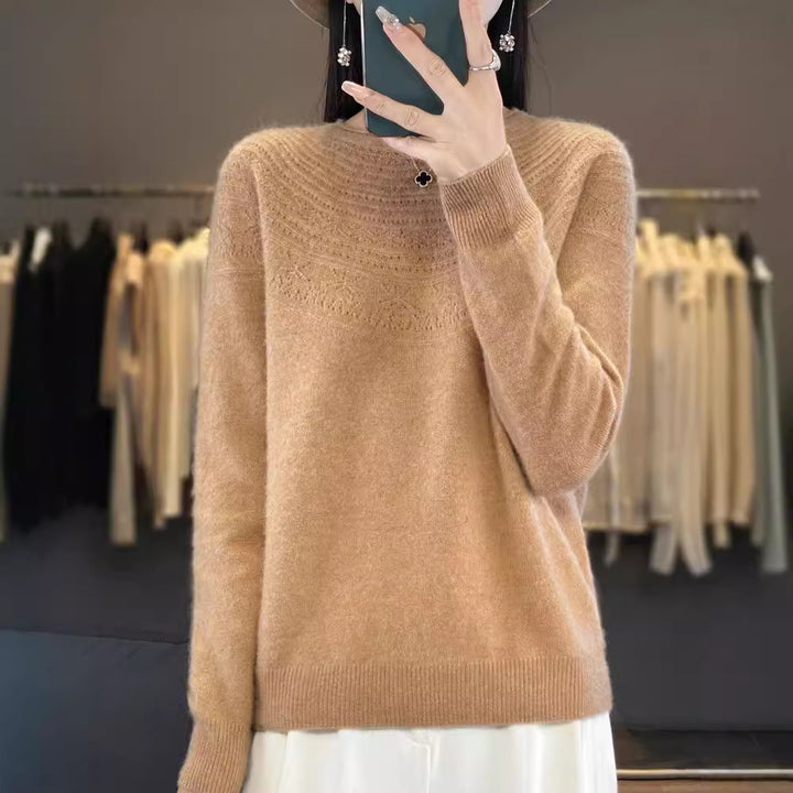Ladies Soft Ajour-Yoke Round Neck Sweater in Cashmere-Look Fine Knit Mune Fashion
