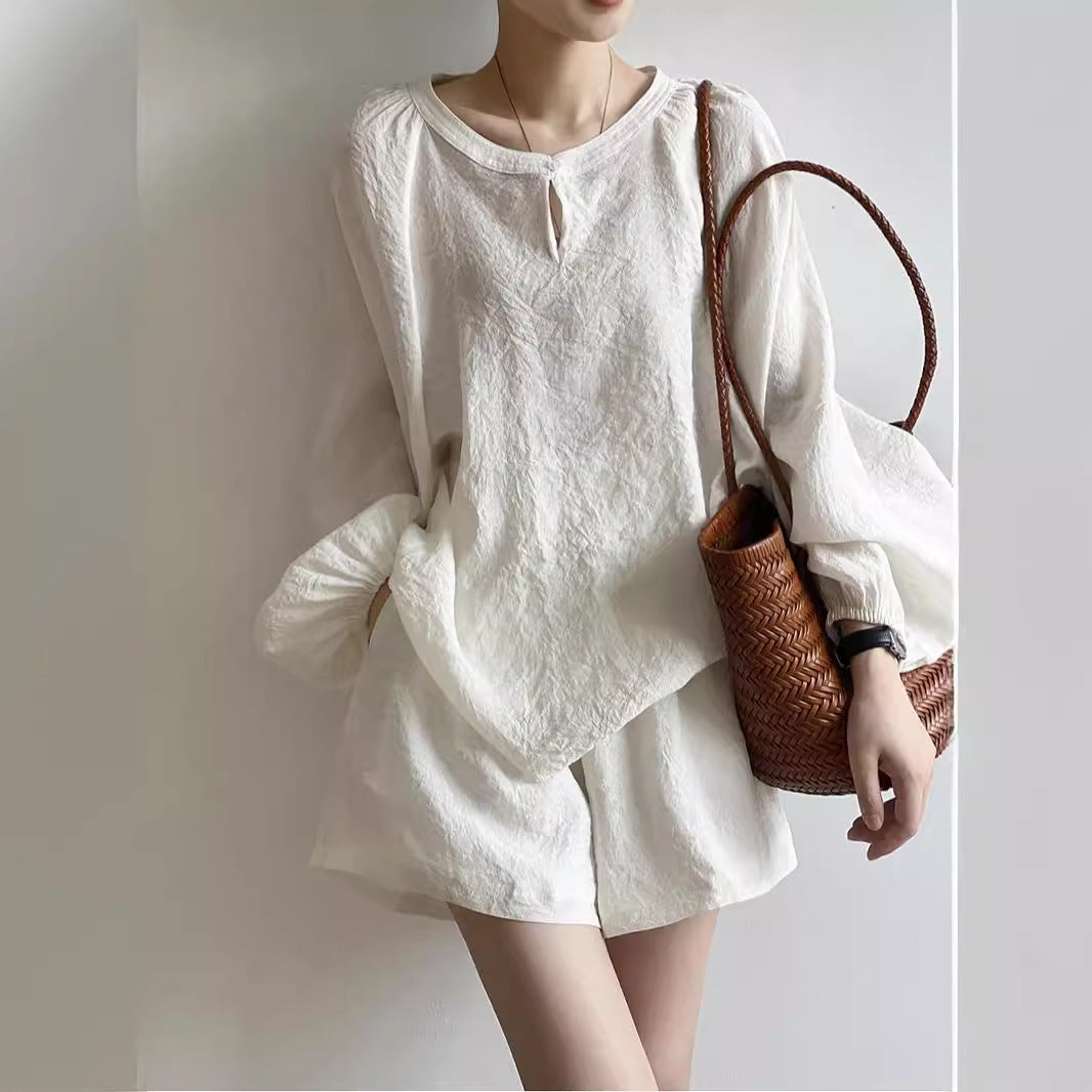 Women's Loose Linen Set with Round Neckline, Split Blouse and Wide Shorts Mune Fashion