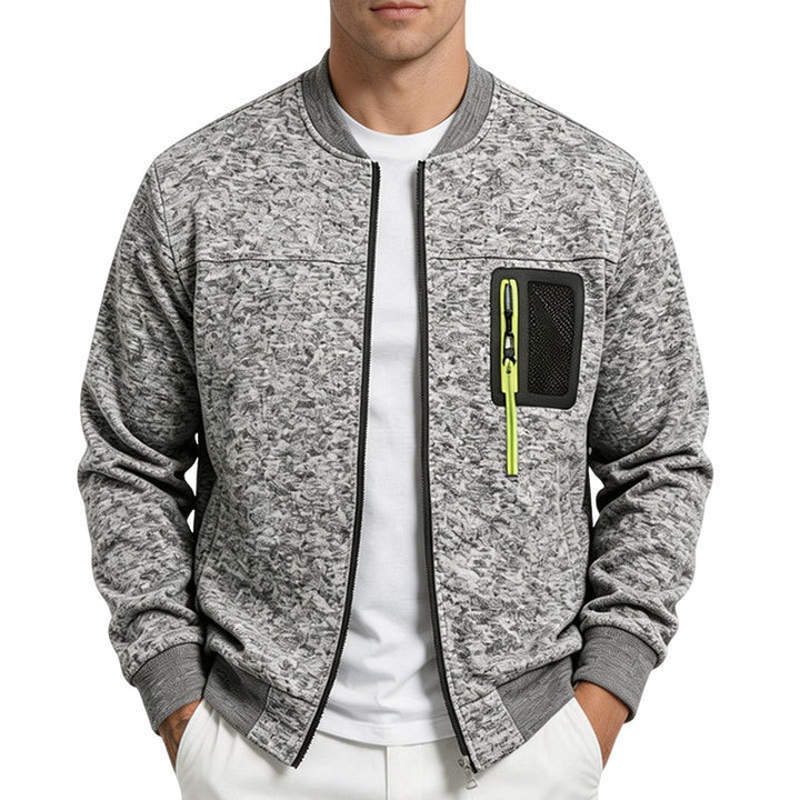 Men's structured bomber jacket with camouflage texture and zippered chest pocket Mune Fashion