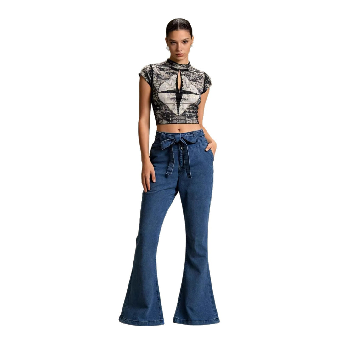 Women's High-Waist Denim Pants with Bow Tie, High Waist and Wide Flare Mune Fashion