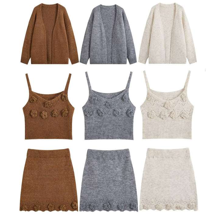 Ladies Three-Piece Knit Set with Open Cardigan, Spaghetti Top with Three-Dimensional Flowers and Fitted Skirt Drune