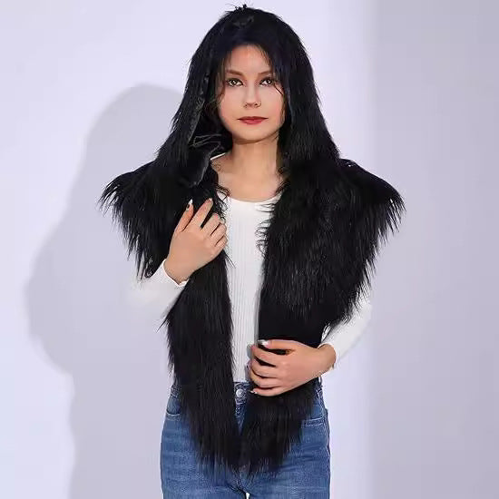 Women’s hooded scarf vest made of long-haired artificial fur Mune Fashion
