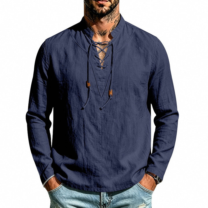 Men's linen shirt with stand-up collar and lacing Mune Fashion