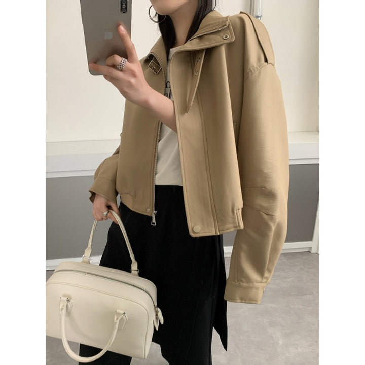 Women's Short Bomber Jacket in Trench Style with High Stand Collar and Shoulder Patches Mune Fashion