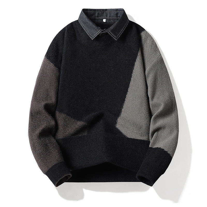 Men's Stylish Knit Sweater with Shirt Collar Mune Fashion