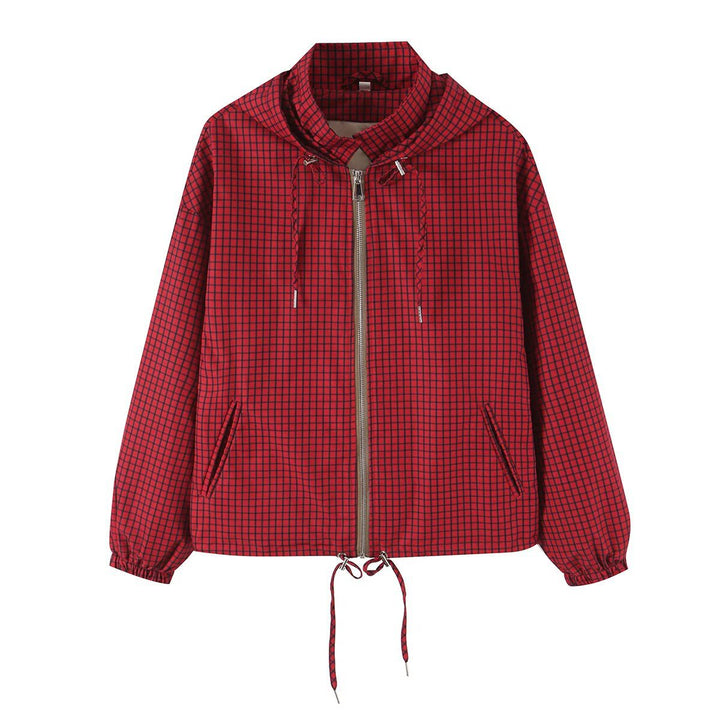 Women Lightweight Hooded Boxy Transitional Jacket with Check Grid Print, Drawstring and Elastic Cuffs Mune Fashion