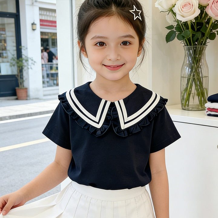 Girls T-shirt with elegant ruffled collar and maritime stripes Mune Fashion