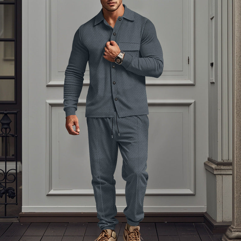 Men's urban lounge two-piece set with shirt jacket, chest pocket, and drawstring joggers made of textured cotton blend Mune Fashion