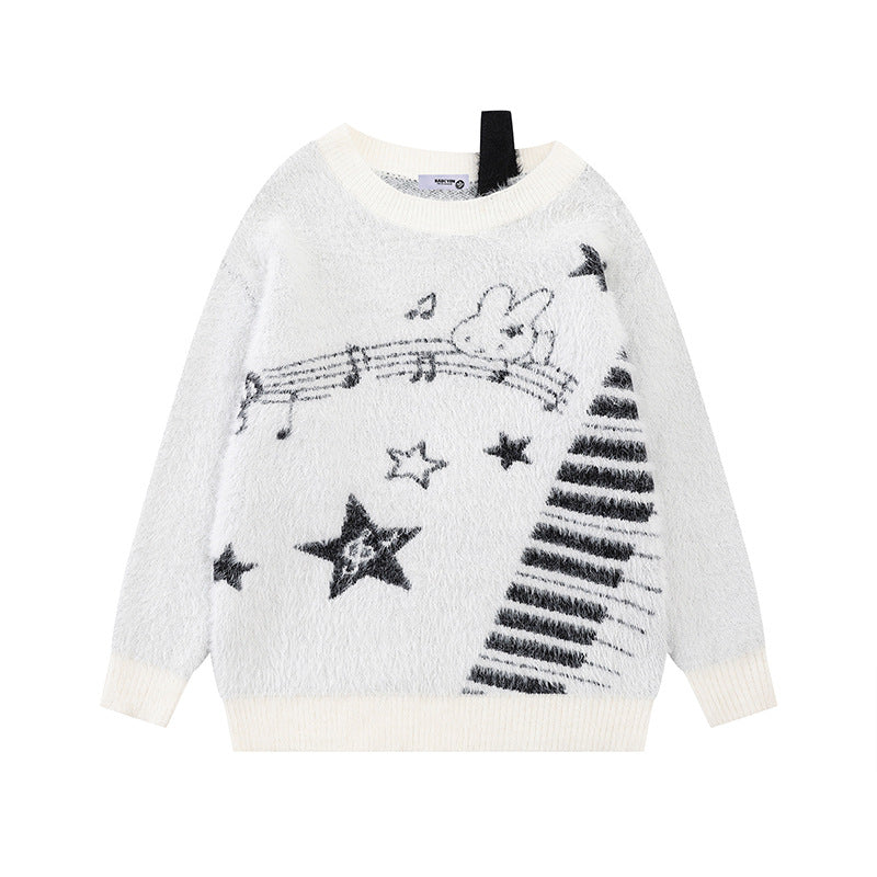 Women's Cozy Knit Sweater with Cartoon Note and Star Motif Mune Fashion