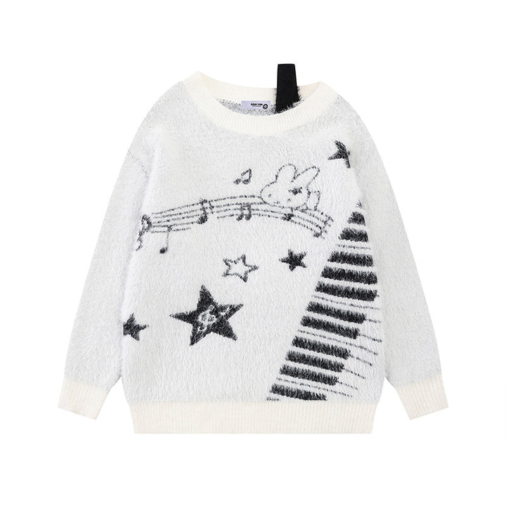 Women's Cozy Knit Sweater with Cartoon Note and Star Motif Mune Fashion