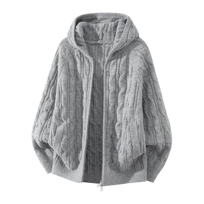 Women's Oversized Cable Knit Hooded Cardigan with Full Zip and Balloon Sleeves Mune Fashion