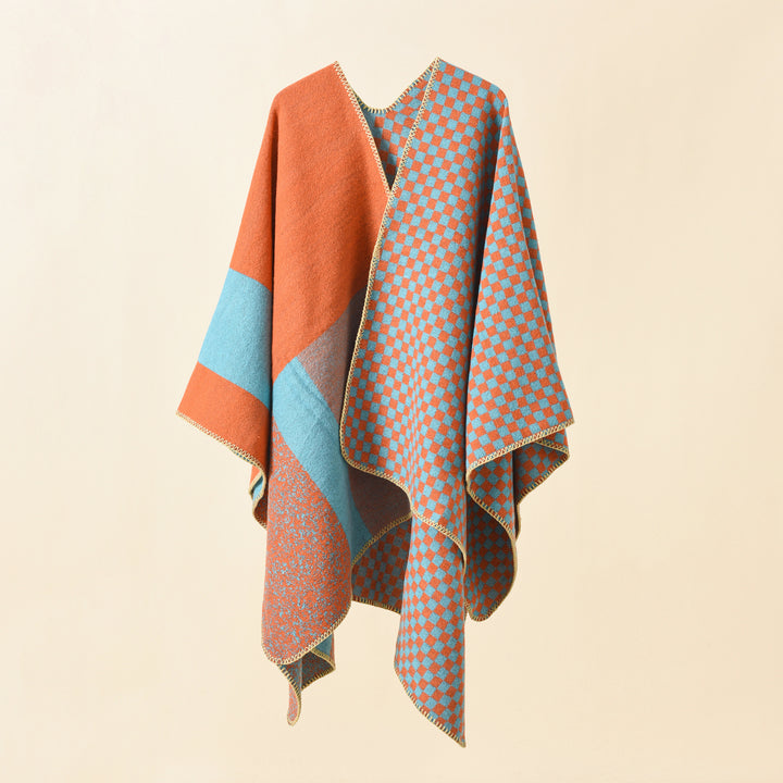 Women's Reversible Checked Pattern Cape Poncho made of Wool Blend with Boxy Oversized Fit Mune Fashion