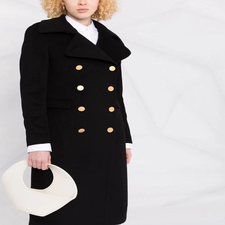 Women's Double-Breasted Long Coat in Naval Coat Style with Distinctive Metal Buttons Mune Fashion
