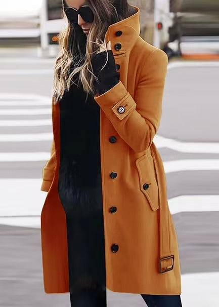 Women's Double-Breasted Trench Coat with High Standing Collar, Waist Belt and Cuff Detail Mune Fashion