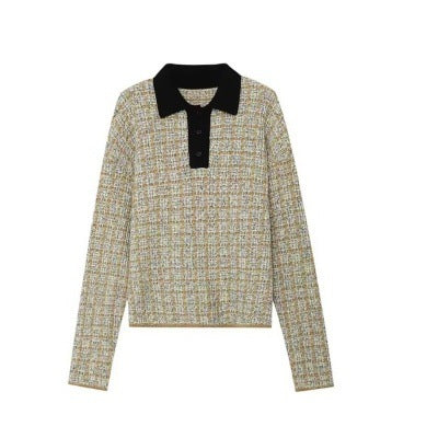 Women's Fine Knit Polo with Tweed Look, Long Sleeve and Contrasting Collar Mune Fashion