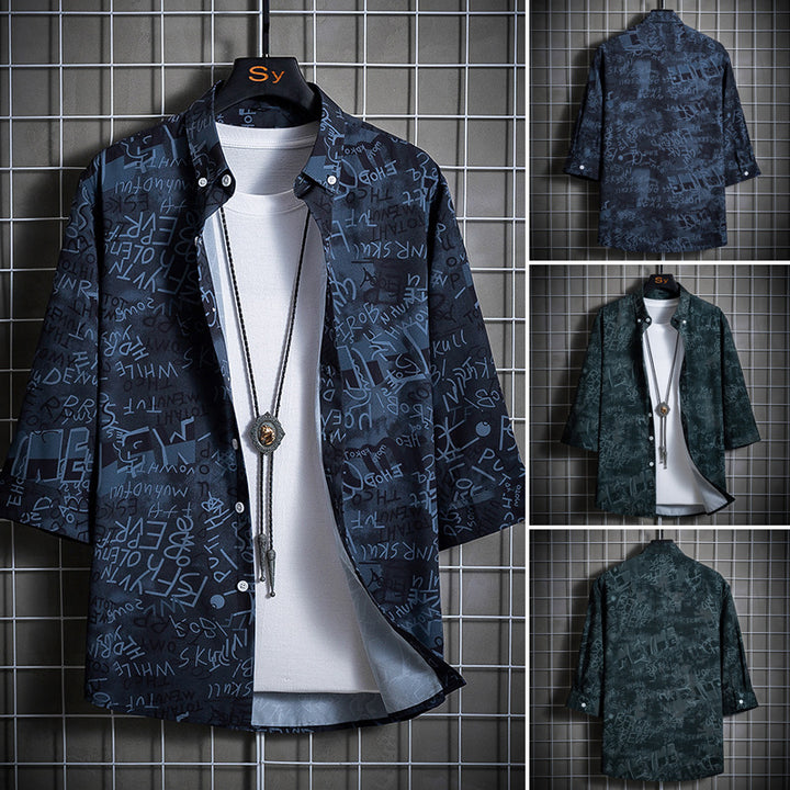 Men's loosely cut short-sleeve overshirt with allover graphic print and shirt collar Mune Fashion