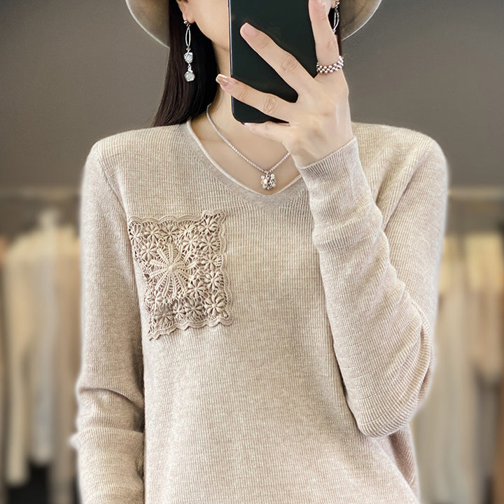 Women's Cashmere-Look V-Neck Sweater with Floral Crochet Appliqué Mune Fashion
