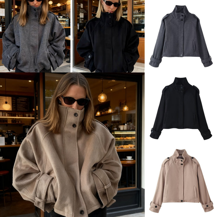 Women Short Wool Blend Jacket with Stand-Up Collar, Shoulder Flaps and Adjustable Cuffs Mune Fashion