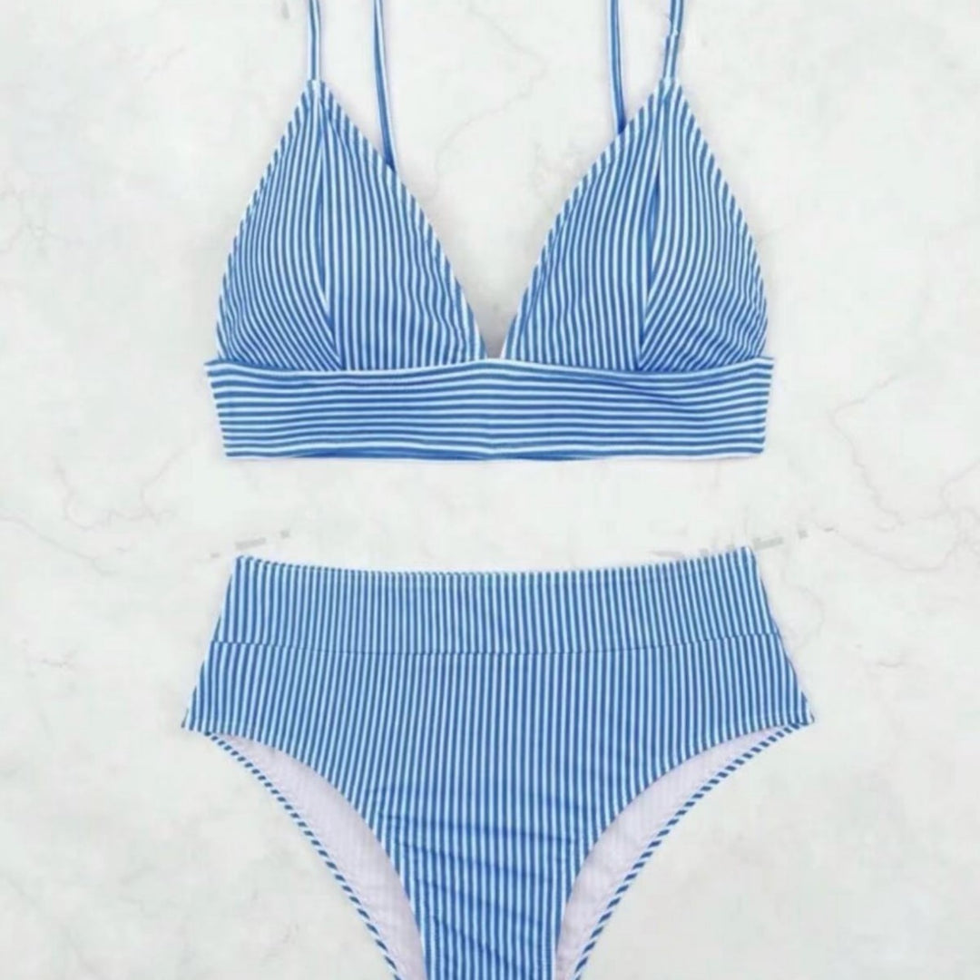 Ladies High-Waisted Bikini with Elegant Stripe Pattern Mune Fashion