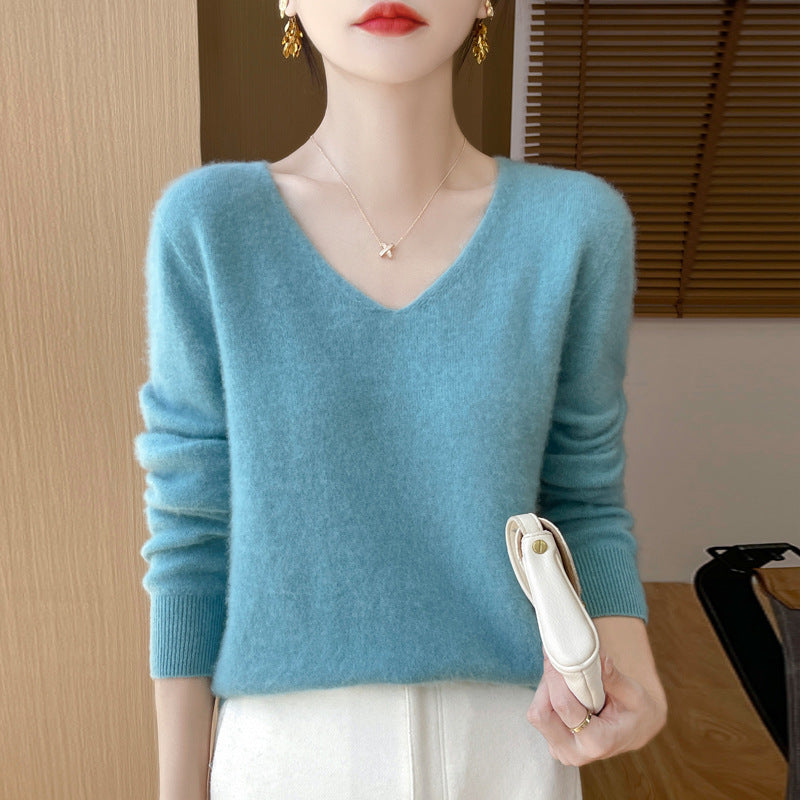 Women's Cozy V-Neck Fine Knit Sweater made of Mohair Mix with Fluffy Surface Mune Fashion