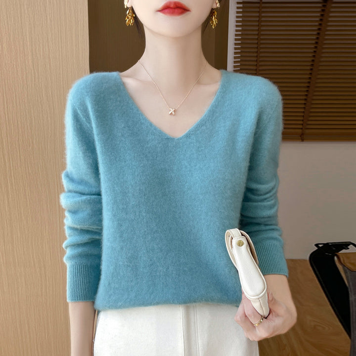 Women's Cozy V-Neck Fine Knit Sweater made of Mohair Mix with Fluffy Surface Mune Fashion