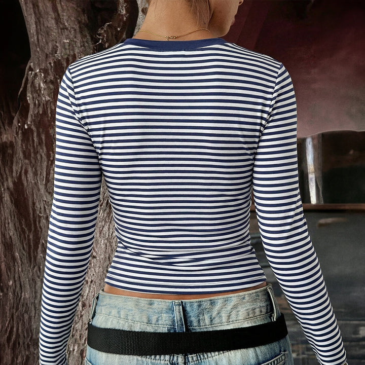 Women nan striped tight-fitting long-sleeve cropped shirt made of stretch jersey with round neck Mune Fashion