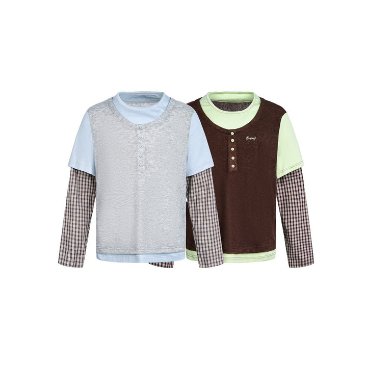 Unisex Layered Look Henley Shirt with contrasting plaid cuffs and short overshirt effect