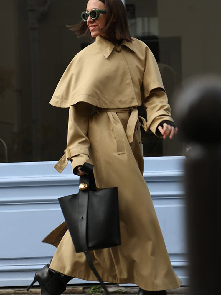 Ladies Long Trench Coat with Capelet, Waist Belt and Raglan Sleeves Mune Fashion