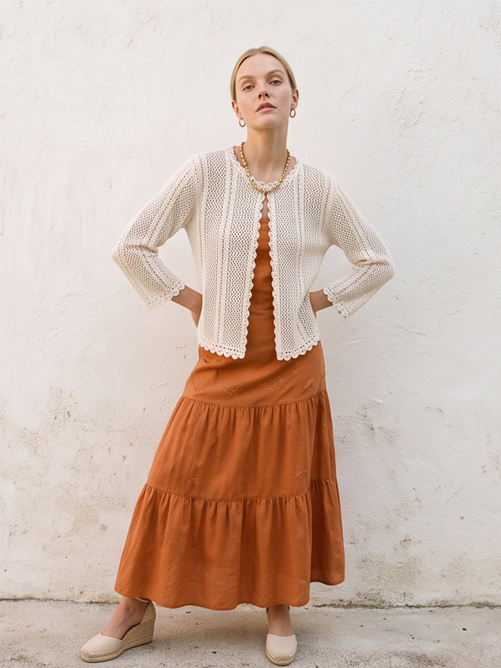 Women's crocheted short jacket with wavy hem, open front & 3/4 sleeves Mune Fashion