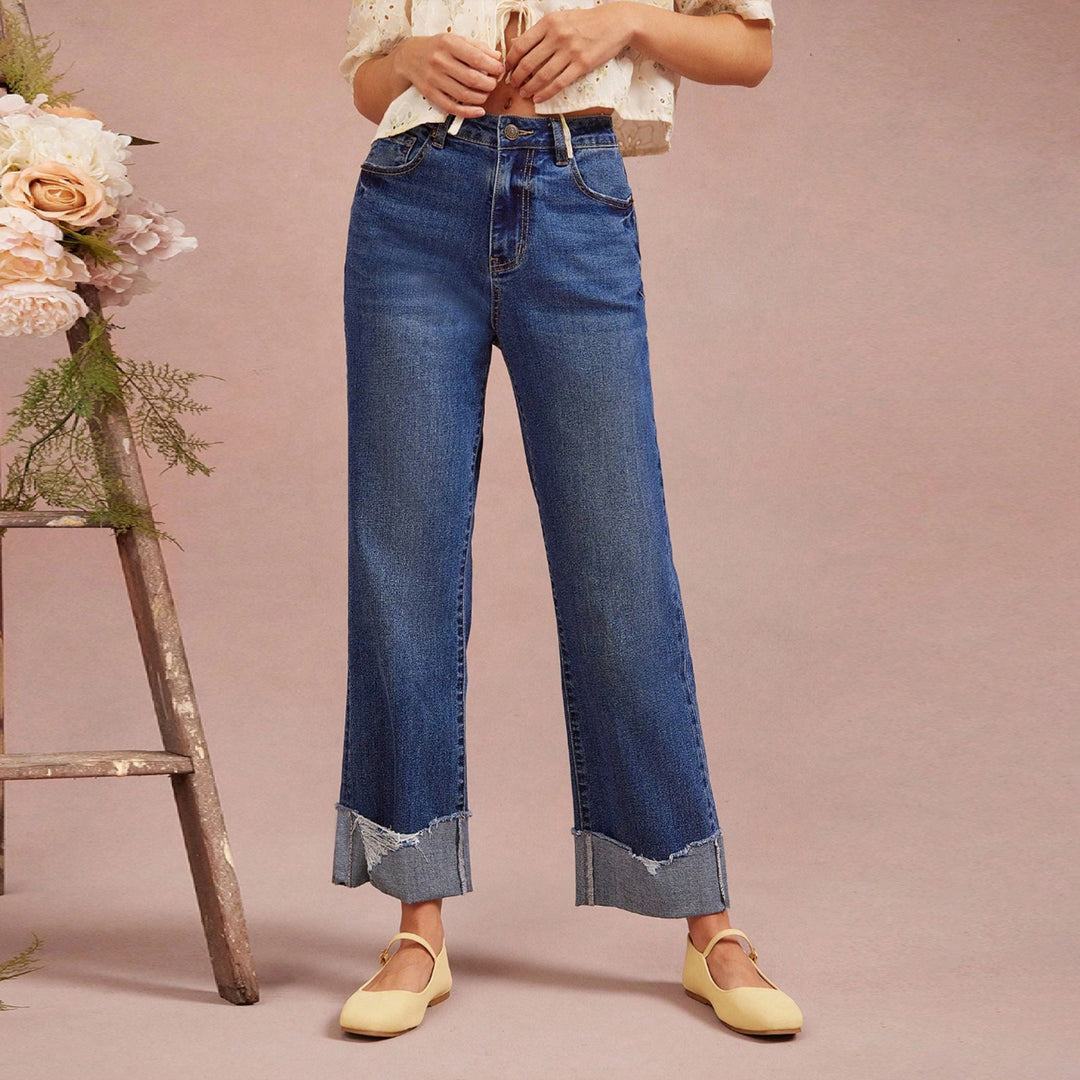 Women's High-Waisted Cropped Jeans with Wide Leg and Frayed Cuff Mune Fashion
