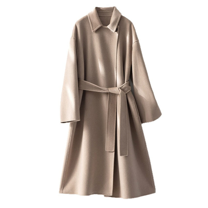 Women Straight Wool Blend Coat with Concealed Button Placket and Self-Tie Belt Mune Fashion