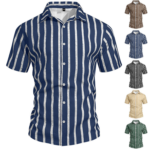 Men's casual short sleeve shirt with vertical block stripes, open lapel collar, and lightweight cotton-linen blend Mune Fashion
