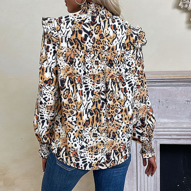 Women's Smocked Blouse with High Collar, Gathered Shoulder Yoke and Animal Print Mune Fashion