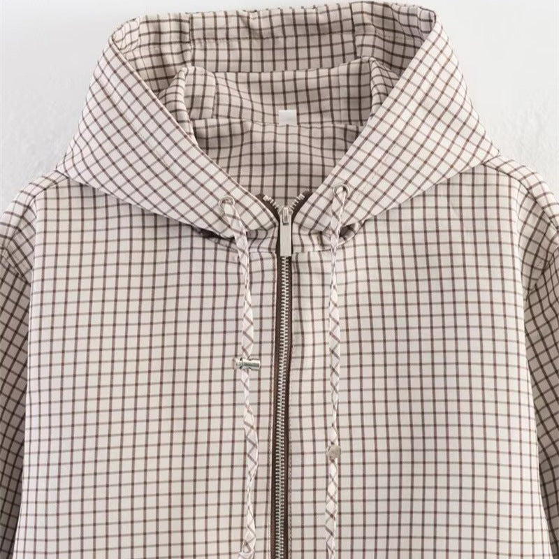 Women's Cropped Puffer Jacket with Hood, Drawstring and Check Pattern Mune Fashion