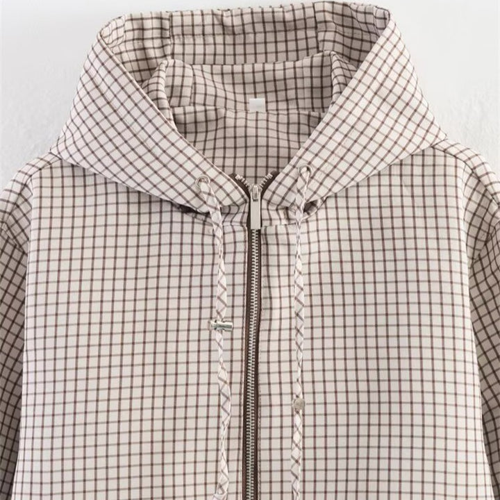 Women's Cropped Puffer Jacket with Hood, Drawstring and Check Pattern Mune Fashion
