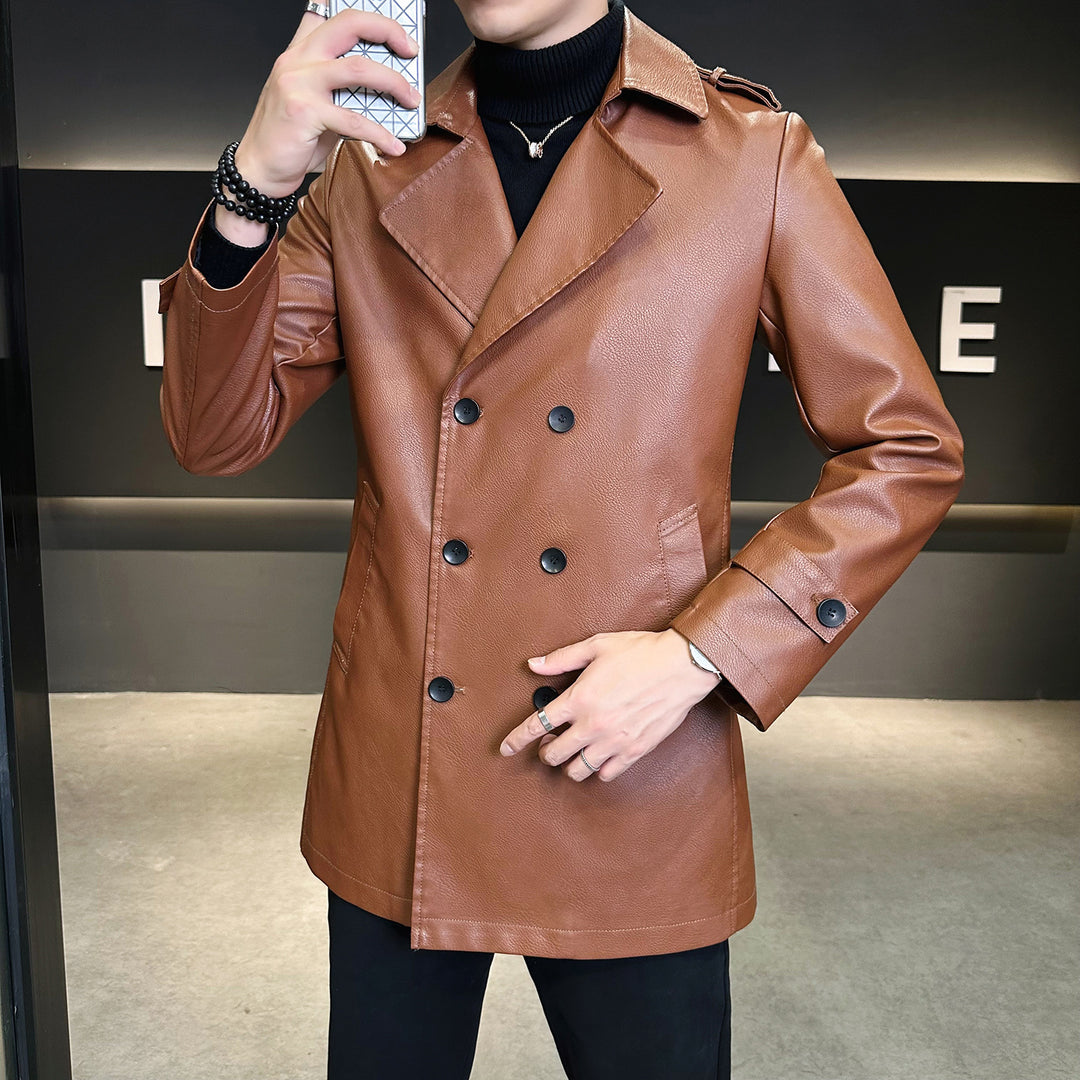 Men's Double-Breasted Faux Leather Trench Coat with Lapel Collar and Epaulettes Mune Fashion