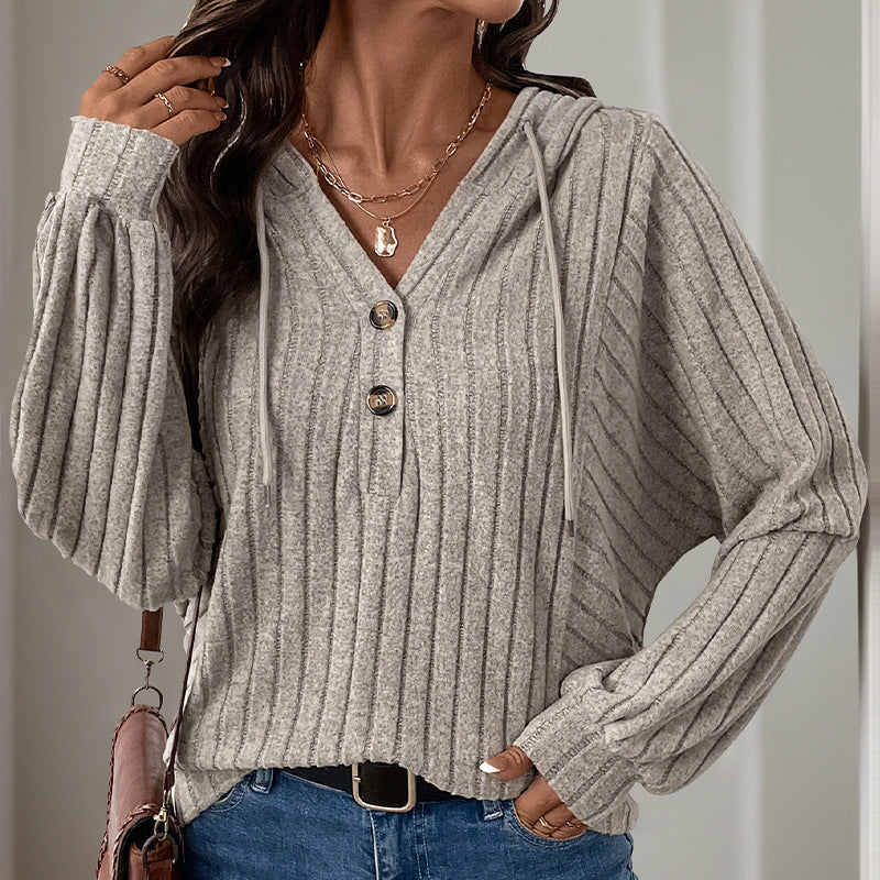 Women's Ribbed Hoodie with Henley Button Placket and Slightly Cropped Fit Mune Fashion