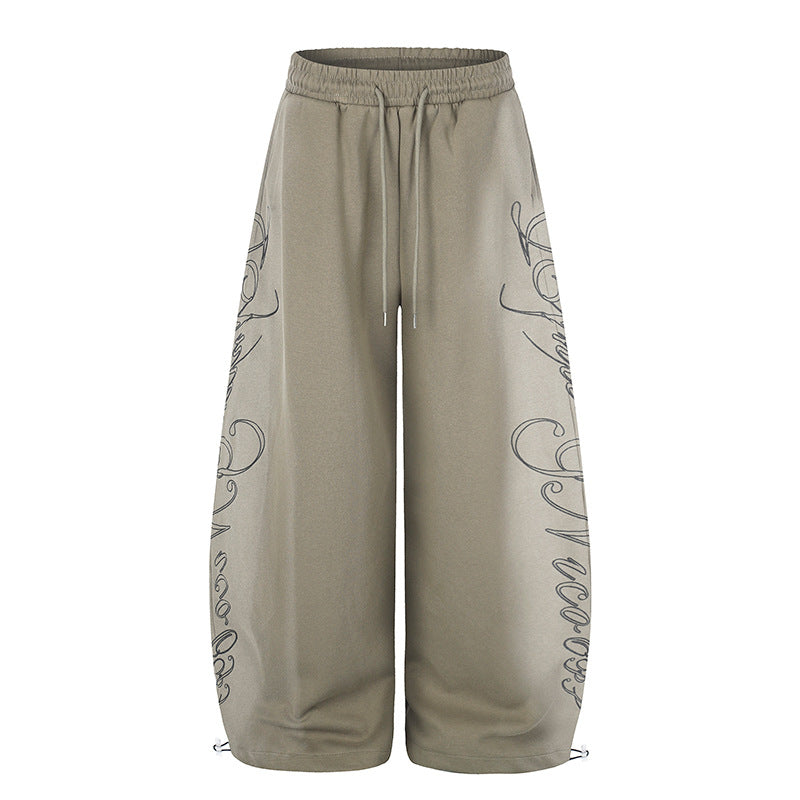 Women's Extra Wide Palazzo Sweatpants with Drawstring Waistband, Adjustable Hem, and Side Script Print Mune Fashion
