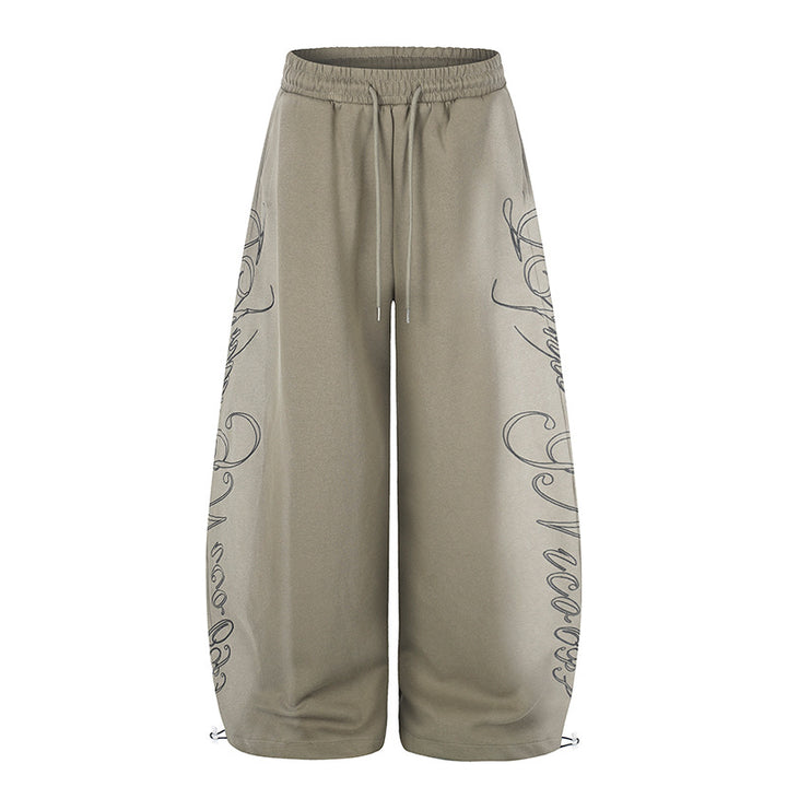 Women's Extra Wide Palazzo Sweatpants with Drawstring Waistband, Adjustable Hem, and Side Script Print Mune Fashion