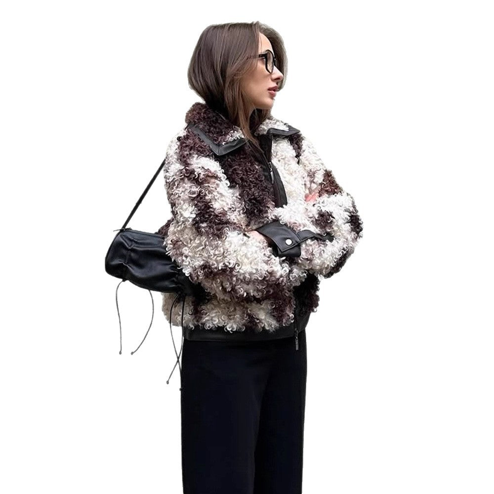 Women's short jacket made of curly bouclé faux fur with leather look detailing Mune Fashion