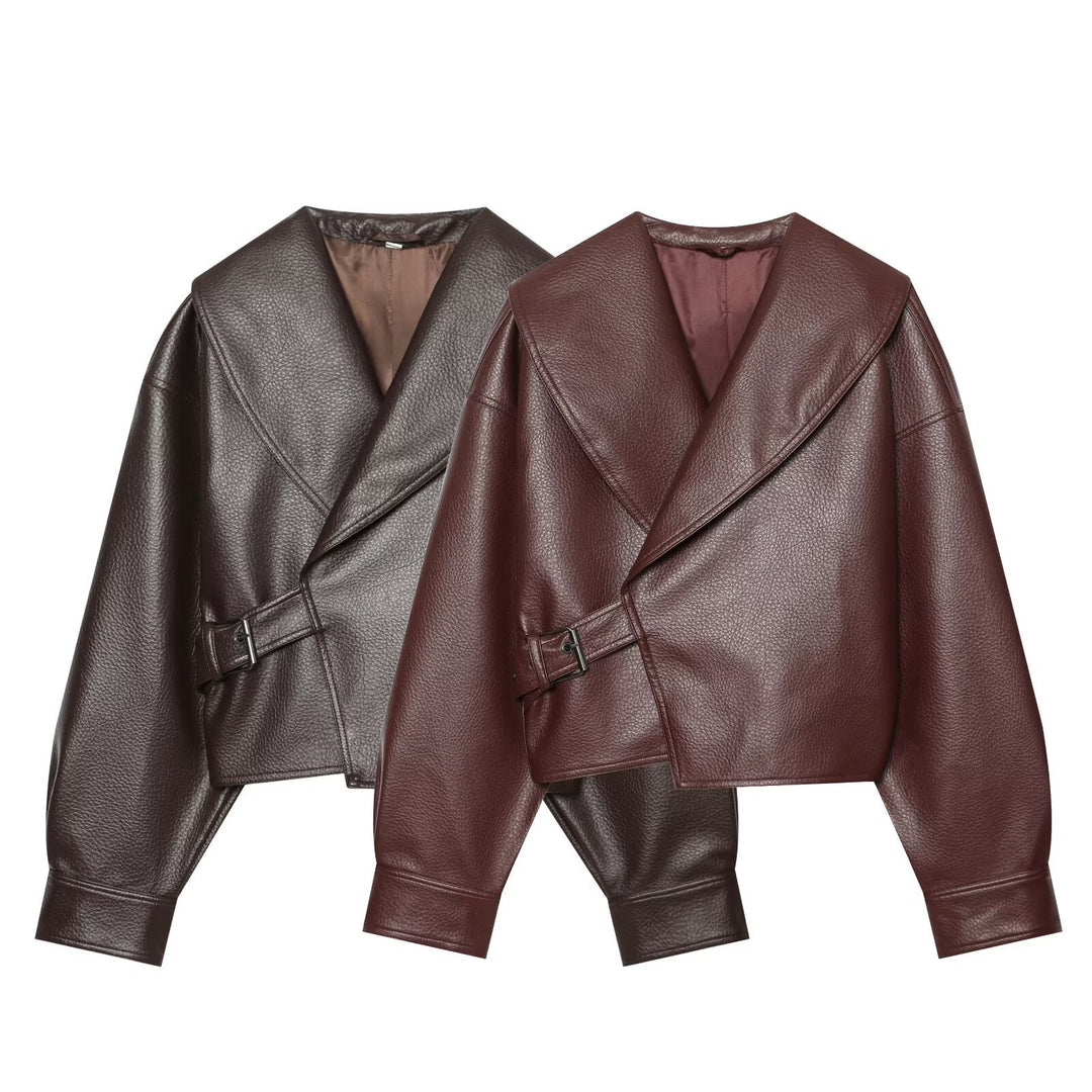 Women's Short Faux Leather Blouson with Wide Shawl Collar and Waist Strap Drune