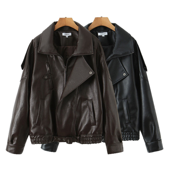 Women's Oversized Leather Jacket with Asymmetrical Zipper and Wide Collar Mune Fashion