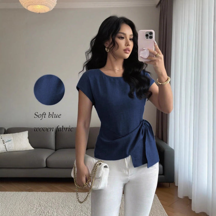 Women's Tailored Short Sleeve Top with Boat Neck, Ties Belt and Linen Look Mune Fashion