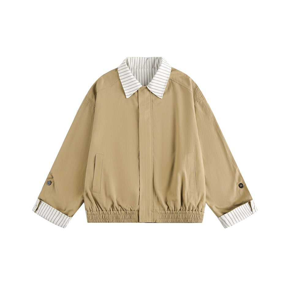Women short cut boxy blouson jacket with striped shirt collar Mune Fashion