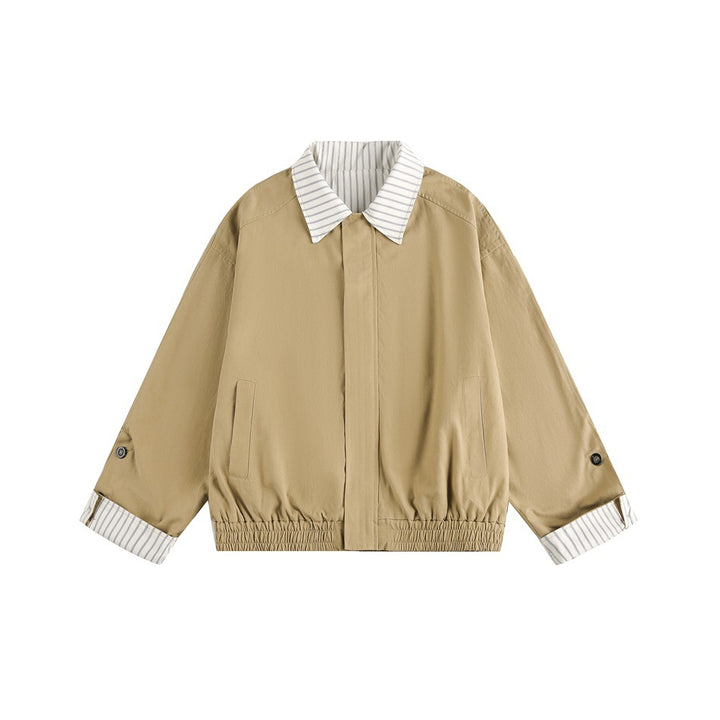 Women short cut boxy blouson jacket with striped shirt collar Mune Fashion