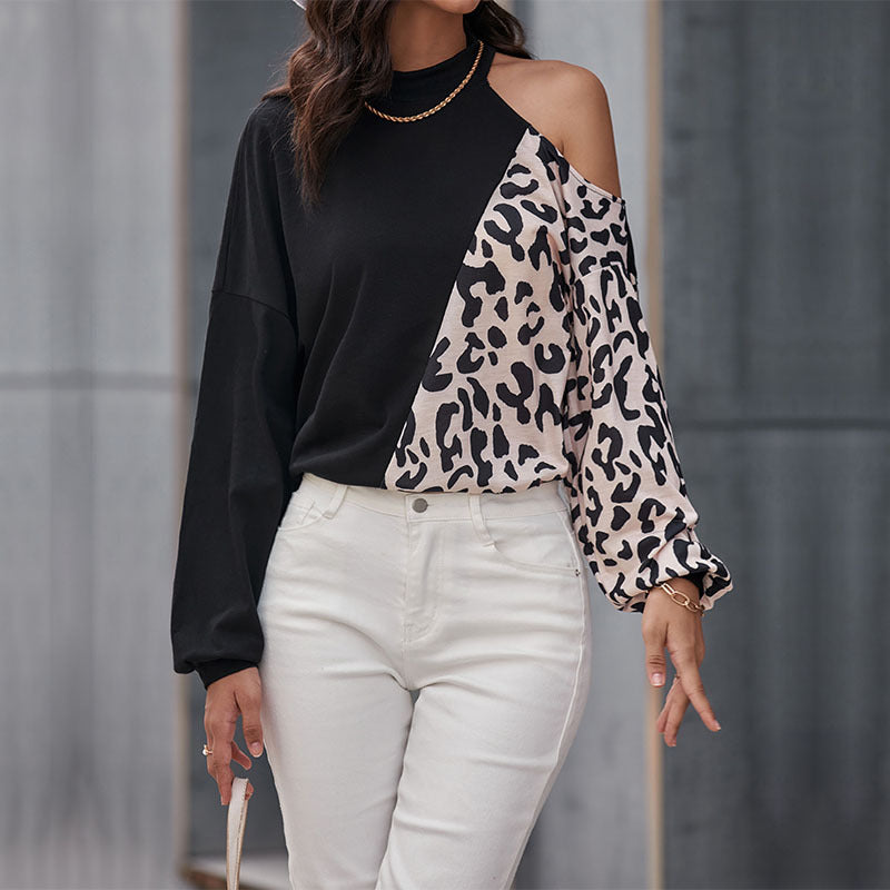 Women Off-Shoulder Sweatshirt with Leopard Panel and Stand Collar Mune Fashion